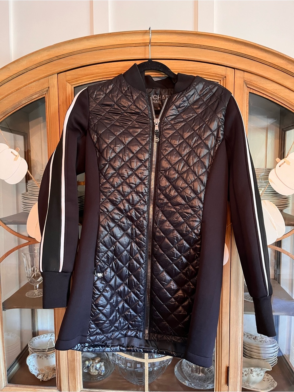 Michael Kors Black Quilted Front Zip Bomber with White Stripe Sleeves